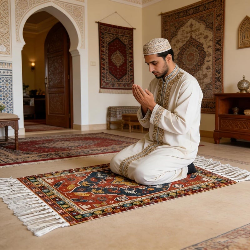 أكسلوت سجادة صلاة مع شراشيب، سجادة صلاة إسلامية مانعة للانزلاق من القطن، مقاس 19.7 × 31.5 بوصة (أحمر) - Image 2