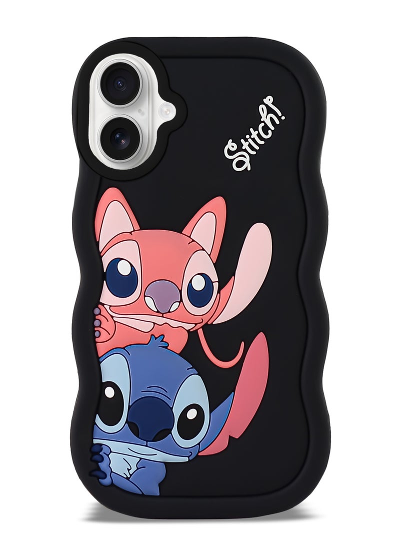 Lilo and Stitch Cartoon 3D Wavy Soft Silicone Phone Case for Iphone 16 (Black) - Image 1