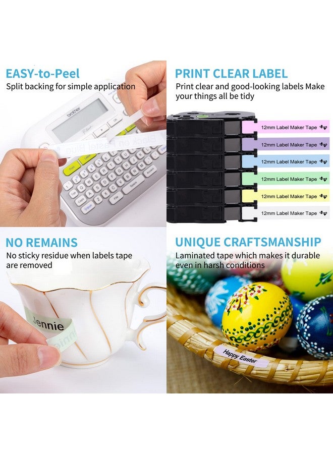 Freshworld Ptouch Tape 12Mm 0.47 Inch Laminated Clear/Purple/Blue/Pink/Lemon Yellow/Mint Green Replacement For Brother Tze Tape Compatible With Brother P Touch Pt-H110 D210 D400 1280 1800 Label Maker Tape,6 Pack - Image 2