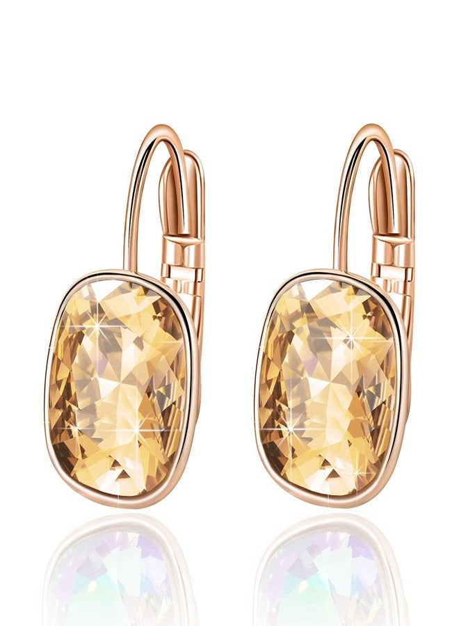 EVEVIC Austrian Crystal Square Cushion Drop Leverback Earrings for Women 14K Rose Gold Plated Hypoallergenic Jewelry (Light Topaz) - Image 1