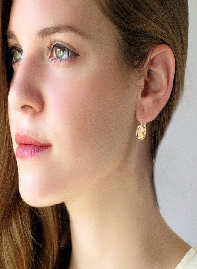 EVEVIC Austrian Crystal Square Cushion Drop Leverback Earrings for Women 14K Rose Gold Plated Hypoallergenic Jewelry (Light Topaz) - Image 2