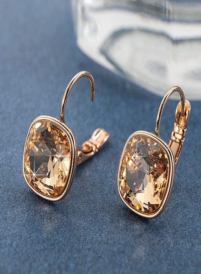 EVEVIC Austrian Crystal Square Cushion Drop Leverback Earrings for Women 14K Rose Gold Plated Hypoallergenic Jewelry (Light Topaz) - Image 3