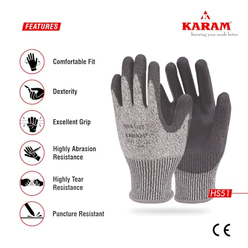 Karam HS51 Safety Gloves for Mechanical Hazards | Safety Work Gloves with HPPE Liner with Black PU Coating | Abrasion, Tear & Puncture Resistant | Cut Resistant with Multipurpose Use | Size-L - Image 4