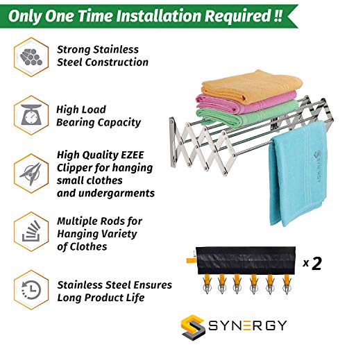Synergy - 7 Rods - Heavy Duty Stainless Steel Foldable Wall Mount/Mounted Cloth Dryer/Clothes Drying Stand with EZEE Cloth Clipper Combo [SY-CS3-COMBO] - Image 2