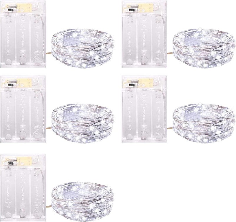 Minetom Fairy Lights Battery Operated 5 Pack 7 FT 20 LED String Lights with Timer Waterproof Silver Wire Fairy Lights for Bedroom Christmas Home Party Wedding Decorations Pure White