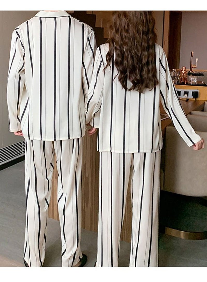 MARGOUN Couples Matching Pajamas Silk Long Sleeve Striped Sleepwear Satin Soft Button Down Loungewear Pjs White XL and Large MG05 - Image 4