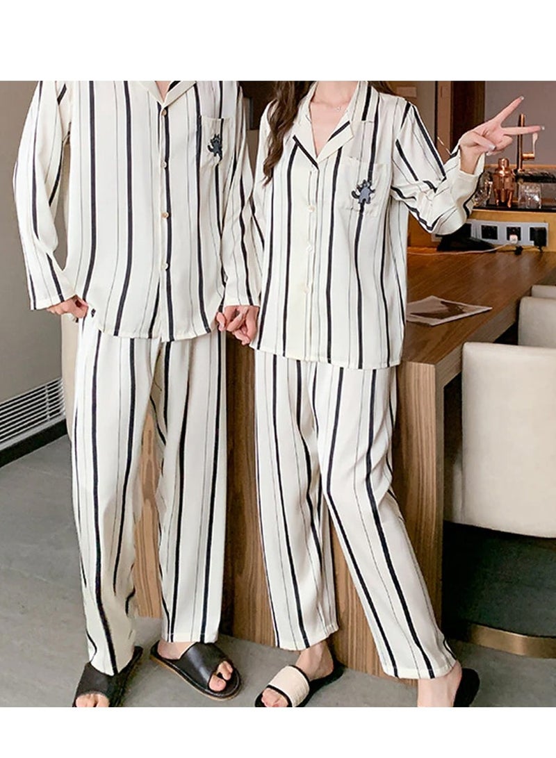 MARGOUN Couples Matching Pajamas Silk Long Sleeve Striped Sleepwear Satin Soft Button Down Loungewear Pjs White XL and Large MG05 - Image 1