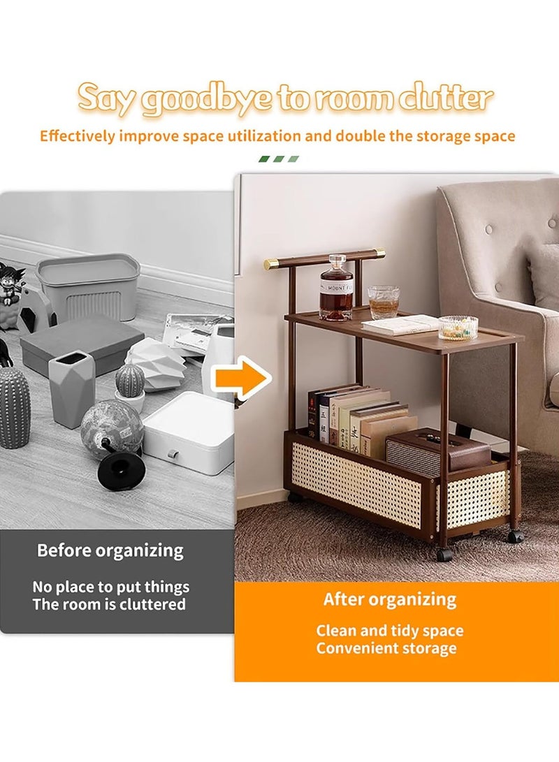 طاولة قهوة جانبية بعجلات من طبقتين - طاولة جانبية ضيقة وطاولة جانبية عصرية لغرفة المعيشة، غرفة النوم، الشقة، المكتب، المطبخ والفناء - Image 4