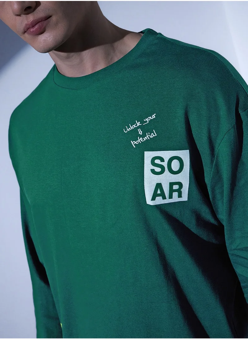 هوبرهولمي Forest Green Typography Printed T-shirt for Men, Oversized