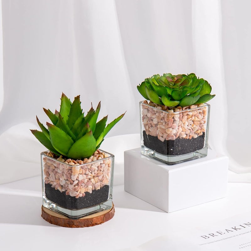 Briful Artificial Succulent Plants Assorted Mini Fake Succulents Plants Small Faux Plant Succulents in Glass Pots Decoration for Home Bathroom Bedroom Table Office Desk Indoor Shelf Decor Set of 3 - Image 4