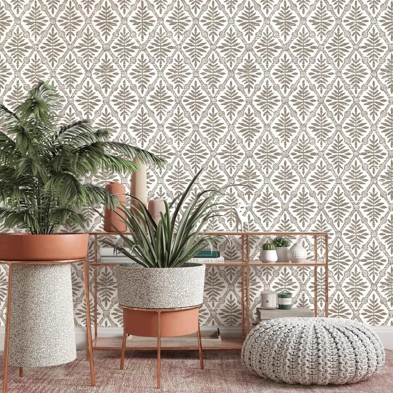 lenify Peel and Stick Wallpaper Grey and Brown Contact Paper 16.9inch x 118.1inch Geometric Wallpaper Vintage Peel and Stick Removable Diamond Floral Wall Paper Self Adhesive Cabinets Decor Vinyl - Image 3