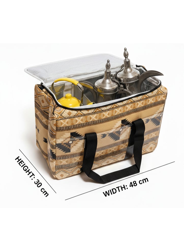 GO2CAMPS Premium Heavy Duty Thermal Insulated Picnic Basket ,Camping Bag , Thermal Travel Cooler Bag [ Large 47 x 21 x 30 CM ] Hot & Cold Multi-Compartment Storage Box for Food, Drinks, Arabic Coffee Dallah, Tea Kettles & Cups | EVA Thick Waterproof & Leak-Proof Picnic Bag | Traditional Arabic Kaki Design Camping Cooler for Desert Trips, Majlis Events, BBQ, Hiking, Outdoor Travel & Family Picnic Accessories - Image 2