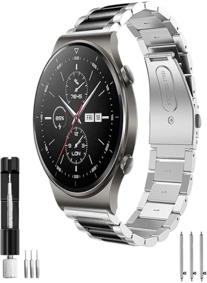 Generic - G-Power Stainless Steel Replacement Wrist Band Strap With Double Folding Clasp And High Elasticity Design Specially For Huawei Smart Watches Like Gt/Gt2E/Gt2 Pro - Silver Black - Image 1