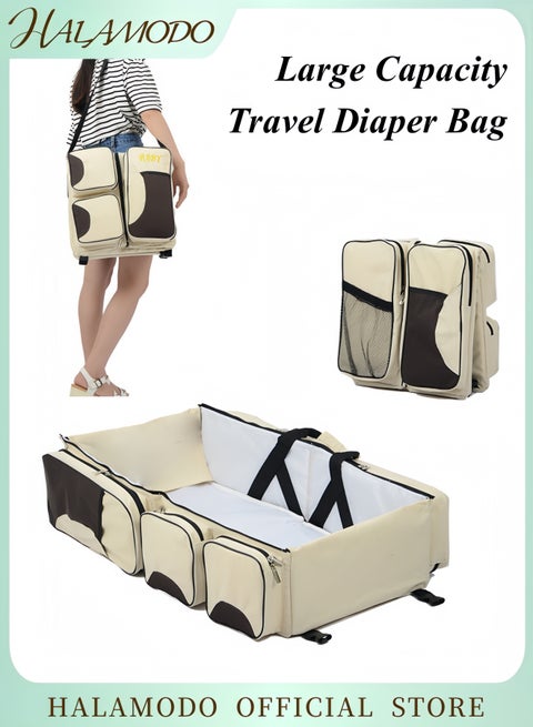Multi-Function Travel Bed Baby Crib Playmat and Diaper Bag in One Convenient Foldable Design with Insulated Bottle Pocket Perfect for Traveling