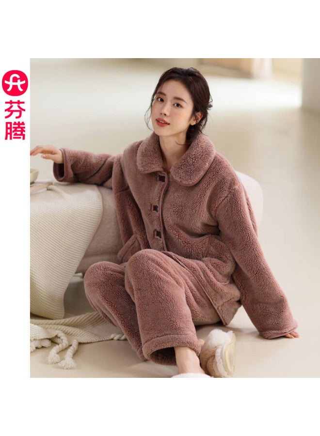 Fenton Fenteng Coral Fleece Pajamas For Women, Winter New Style, Plush Lined Thick Warm Set, Winter Large Size Flannel Loungewear - Image 1