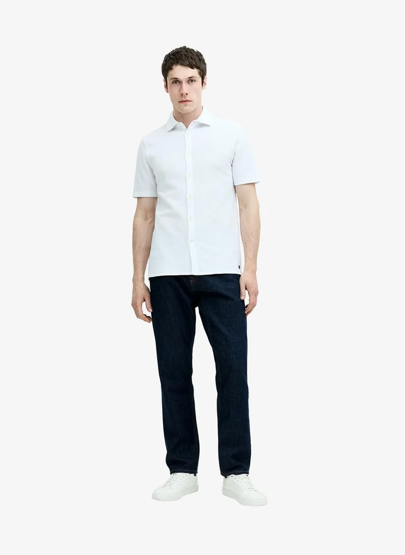 فرنش كونكشن Men's Shortst Sleeve Textured Button-Through Navy Shirt