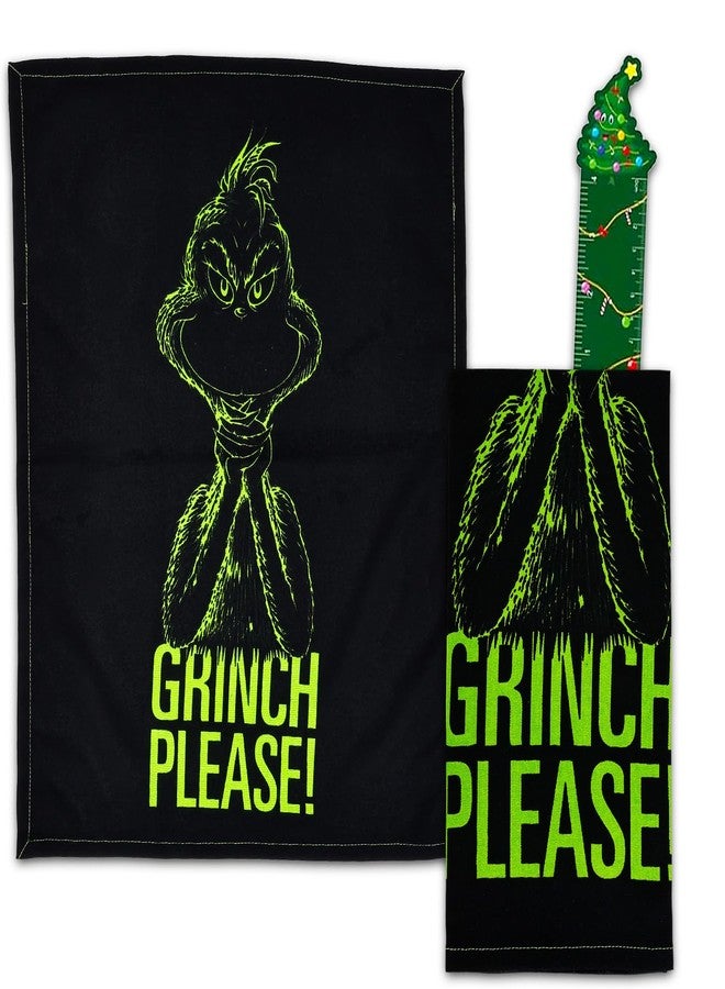 Dr. Seuss Grinch Hand Towels for Adults - Christmas Kitchen Decor 2 Pc Bundle with 25" x 19" Funny Kitchen Towels Plus Bookmark | How The Grinch Stole Christmas Hand Towel Bathroom Decor - Image 1
