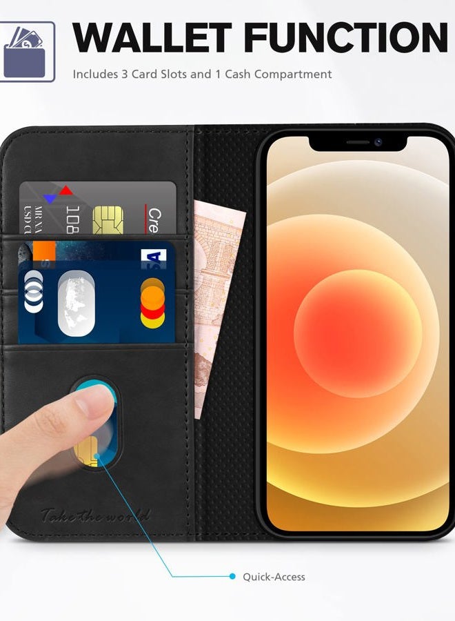 TUCCH Wallet Case for iPhone 12 Pro/iPhone 12 5G, Premium PU Leather Flip Folio Cover with Card Slot, Stand Book Design [Shockproof TPU Interior Case] Compatible with iPhone 12/12 Pro 6.1-inch, Black - Image 3