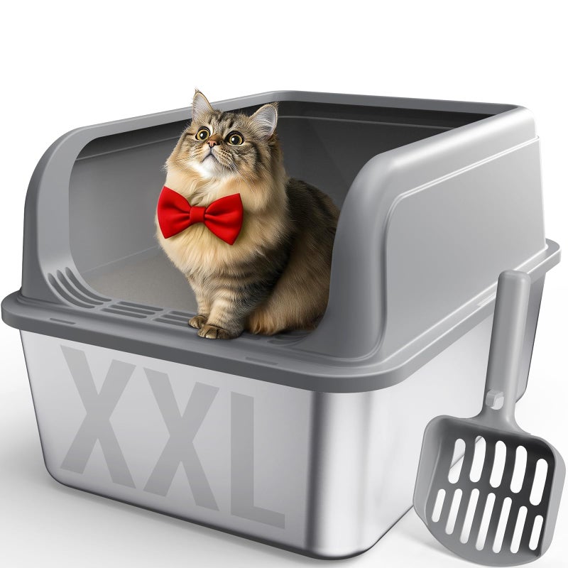 Powools Stainless Steel Cat Litter Box, Metal Litter Box with Scoop, High- Sided, Anti-Leakage Top Entry, Non-Sticky, Easy to Clean, 8-Inch Splash-Proof Deep Pan, Grey, XXL (1 Pack) - Image 1