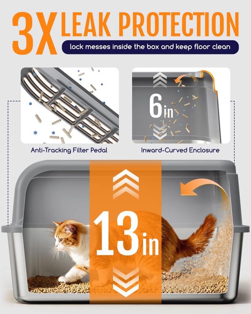 Powools Stainless Steel Cat Litter Box, Metal Litter Box with Scoop, High- Sided, Anti-Leakage Top Entry, Non-Sticky, Easy to Clean, 8-Inch Splash-Proof Deep Pan, Grey, XXL (1 Pack) - Image 4