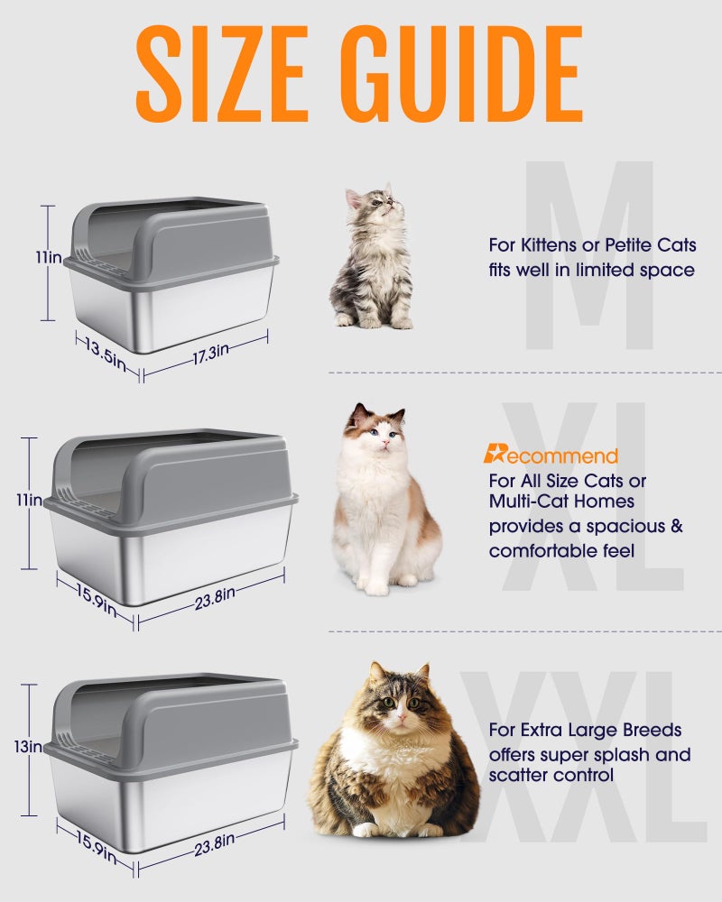 Powools Stainless Steel Cat Litter Box, Metal Litter Box with Scoop, High- Sided, Anti-Leakage Top Entry, Non-Sticky, Easy to Clean, 8-Inch Splash-Proof Deep Pan, Grey, XXL (1 Pack) - Image 2