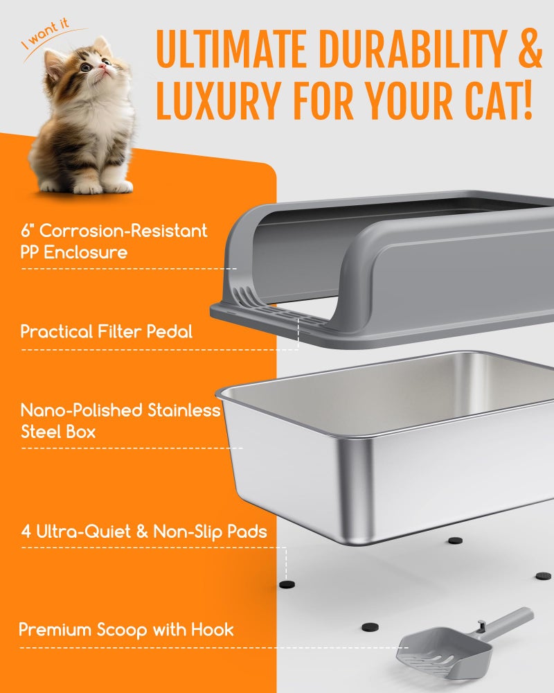 Powools Stainless Steel Cat Litter Box, Metal Litter Box with Scoop, High- Sided, Anti-Leakage Top Entry, Non-Sticky, Easy to Clean, 8-Inch Splash-Proof Deep Pan, Grey, XXL (1 Pack) - Image 5