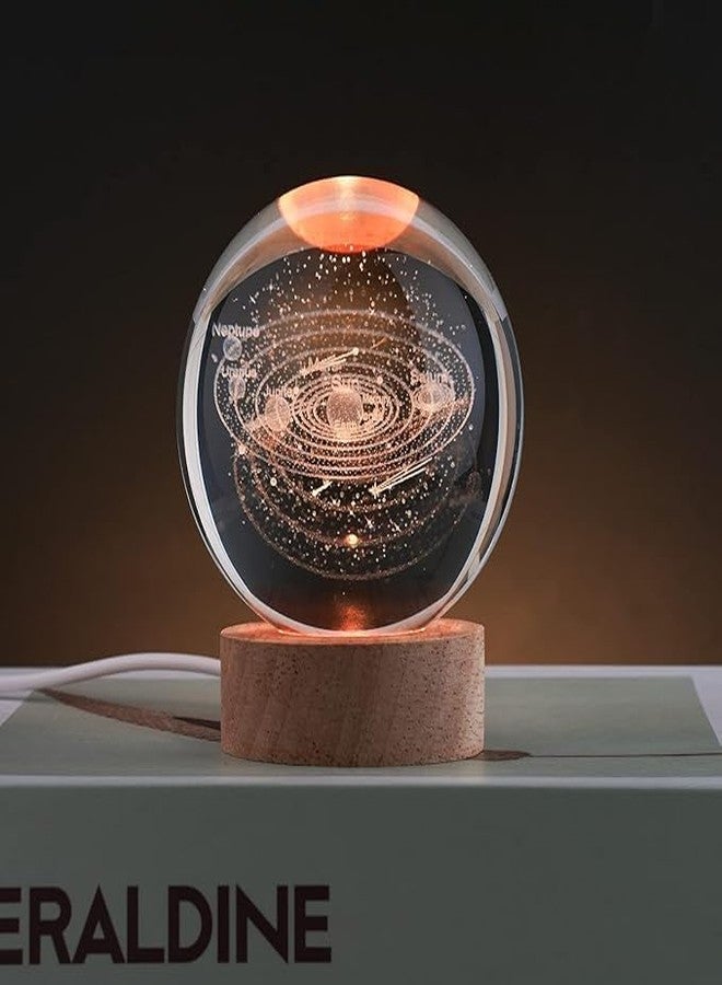StonSell™ 3D Crystal Globe Lamp Creative Engraved Crystal Ball Night Light USB Table LED Wooden Crystal Ball for Home Office Decoration Birthday Gift Adults (Warm White) (SolarSystem) - Image 2