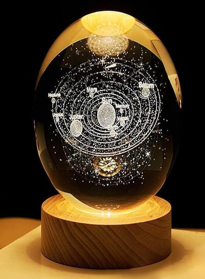StonSell™ 3D Crystal Globe Lamp Creative Engraved Crystal Ball Night Light USB Table LED Wooden Crystal Ball for Home Office Decoration Birthday Gift Adults (Warm White) (SolarSystem) - Image 1