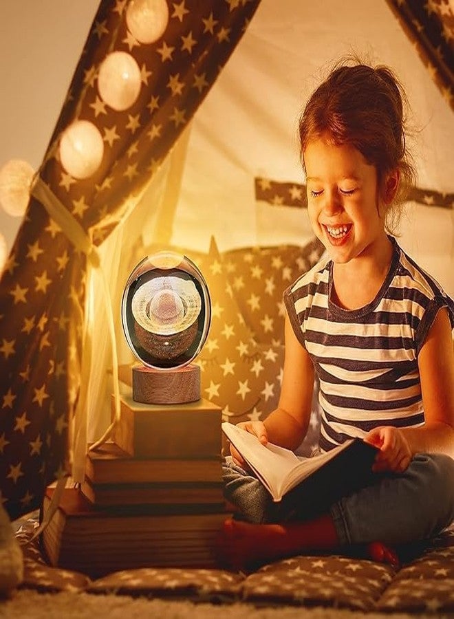 StonSell™ 3D Crystal Globe Lamp Creative Engraved Crystal Ball Night Light USB Table LED Wooden Crystal Ball for Home Office Decoration Birthday Gift Adults (Warm White) (SolarSystem) - Image 5