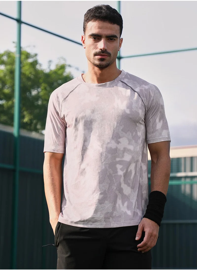 Campus Sutra Campus Sutra Men's Cream White & Slate Blue Abstract Topography Activewear T-Shirt For Casual Wear | V-Neck | Short Sleeves | Jersey T-Shirt Crafted With Comfort Fit For Everyday Wear