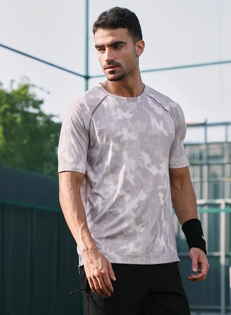 Campus Sutra Campus Sutra Men's Cream White & Slate Blue Abstract Topography Activewear T-Shirt For Casual Wear | V-Neck | Short Sleeves | Jersey T-Shirt Crafted With Comfort Fit For Everyday Wear
