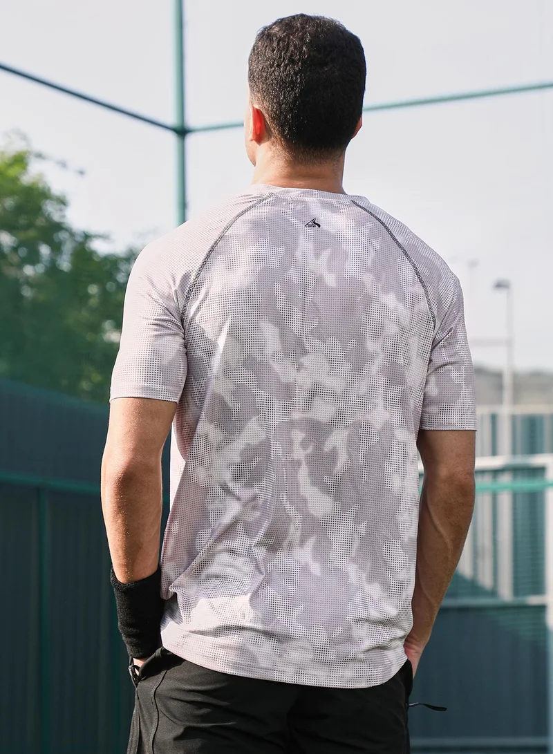 Campus Sutra Campus Sutra Men's Cream White & Slate Blue Abstract Topography Activewear T-Shirt For Casual Wear | V-Neck | Short Sleeves | Jersey T-Shirt Crafted With Comfort Fit For Everyday Wear