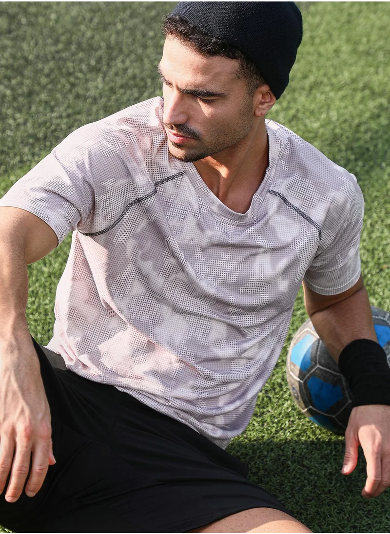 Campus Sutra Campus Sutra Men's Cream White & Slate Blue Abstract Topography Activewear T-Shirt For Casual Wear | V-Neck | Short Sleeves | Jersey T-Shirt Crafted With Comfort Fit For Everyday Wear