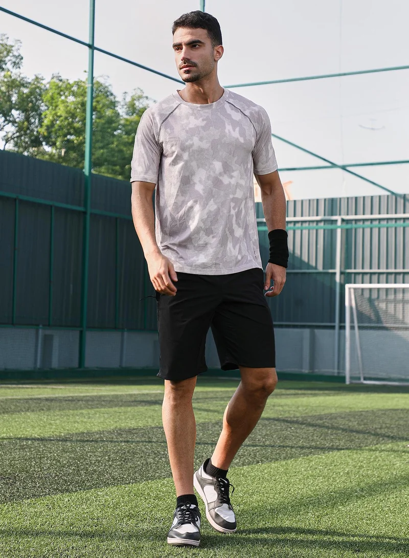 Campus Sutra Campus Sutra Men's Cream White & Slate Blue Abstract Topography Activewear T-Shirt For Casual Wear | V-Neck | Short Sleeves | Jersey T-Shirt Crafted With Comfort Fit For Everyday Wear