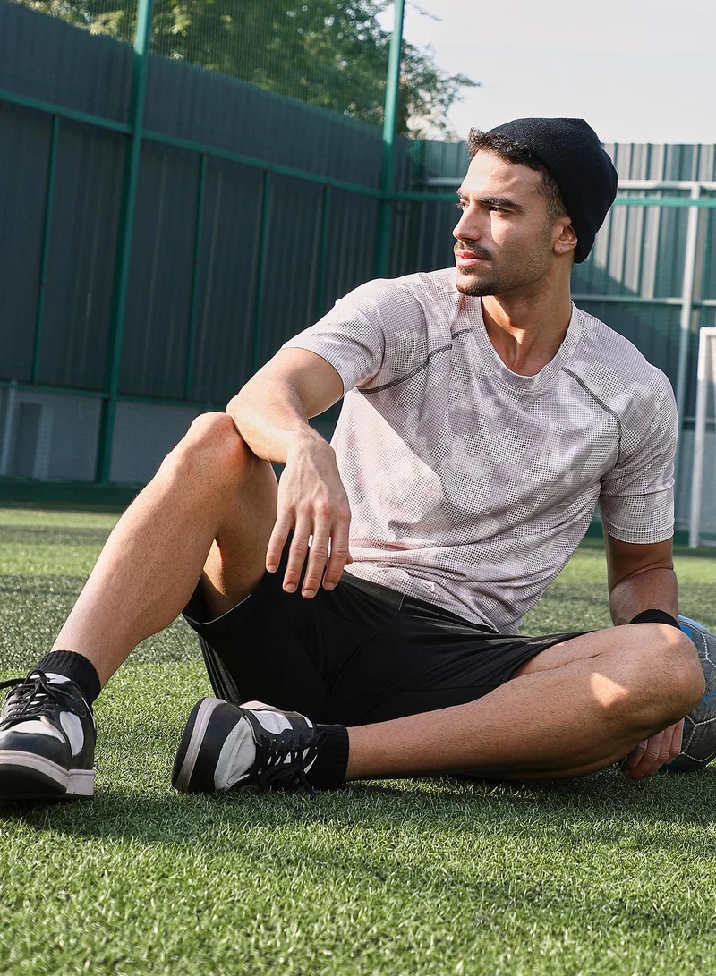 Campus Sutra Campus Sutra Men's Cream White & Slate Blue Abstract Topography Activewear T-Shirt For Casual Wear | V-Neck | Short Sleeves | Jersey T-Shirt Crafted With Comfort Fit For Everyday Wear
