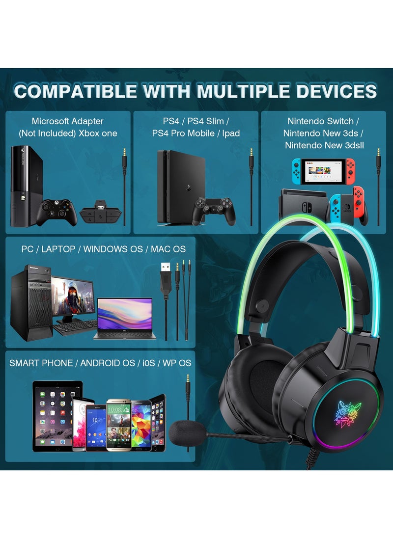 أونيكوما - سماعات رأس سلكية للألعاب X15 Pro مزودة بميكروفون وإضاءة LED لأجهزة PS4/PS5/XOne/XSeries/NSwitch/PC، باللون الأسود - Image 1