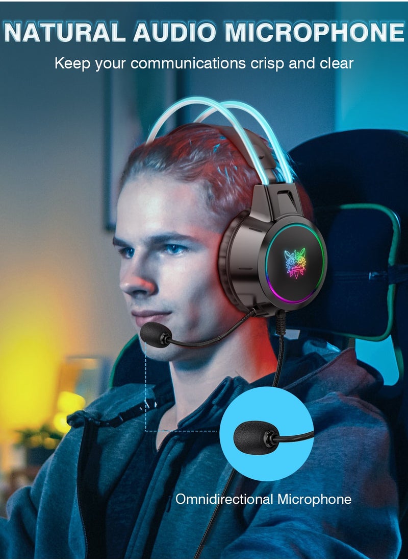 أونيكوما - سماعات رأس سلكية للألعاب X15 Pro مزودة بميكروفون وإضاءة LED لأجهزة PS4/PS5/XOne/XSeries/NSwitch/PC، باللون الأسود - Image 1