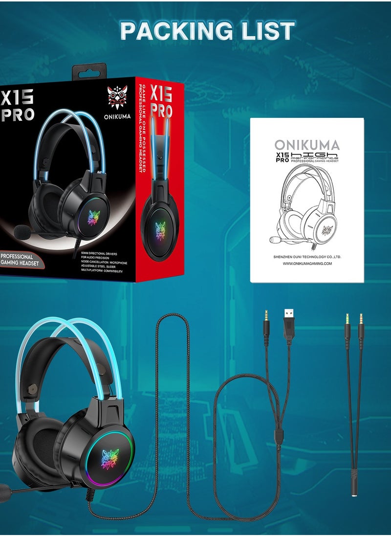 أونيكوما - سماعات رأس سلكية للألعاب X15 Pro مزودة بميكروفون وإضاءة LED لأجهزة PS4/PS5/XOne/XSeries/NSwitch/PC، باللون الأسود - Image 1