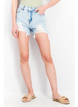 Women Mom Fit Ripped Shorts, Blue Wash