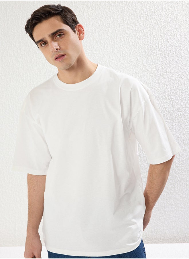 trendyol White  Oversize/Wide Cut Short Sleeve Galaxy Back Print 100% Cotton  - Image 2
