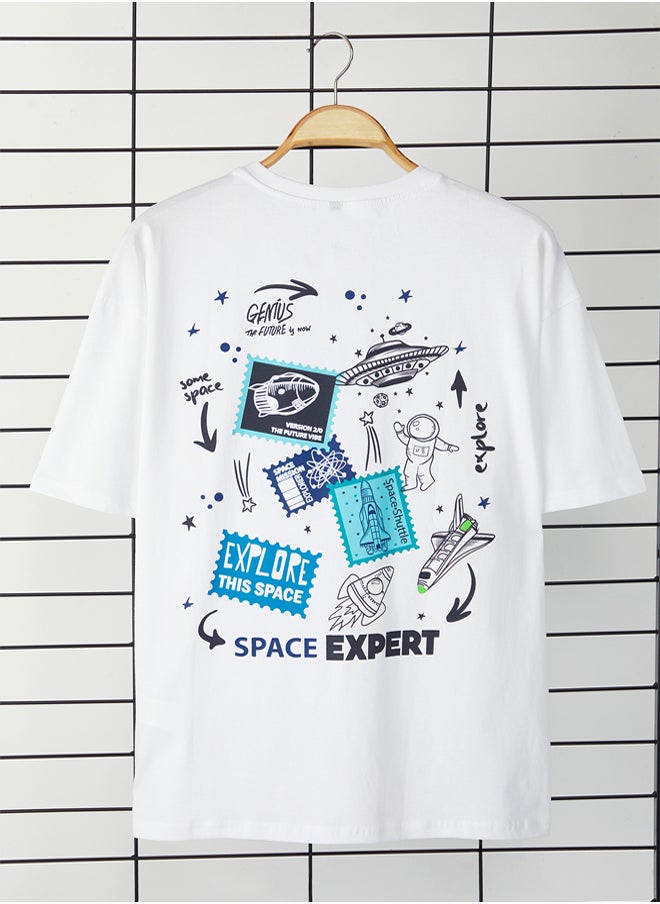 trendyol White  Oversize/Wide Cut Short Sleeve Galaxy Back Print 100% Cotton  - Image 3
