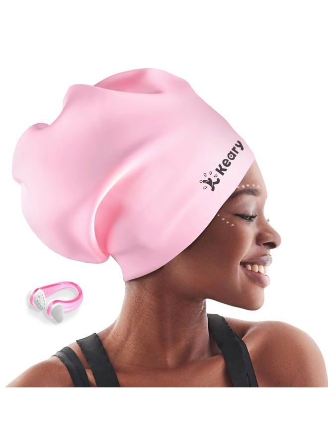 Keary Extra Large Swim Cap for Braids and Dreadlocks Afro Hair Extensions Weave Long Hair, Waterproof Silicone Cover Ear Bath Pool Shower Swimming Cap for Women Men Youth Kids Girl , Pink, One size - Image 1