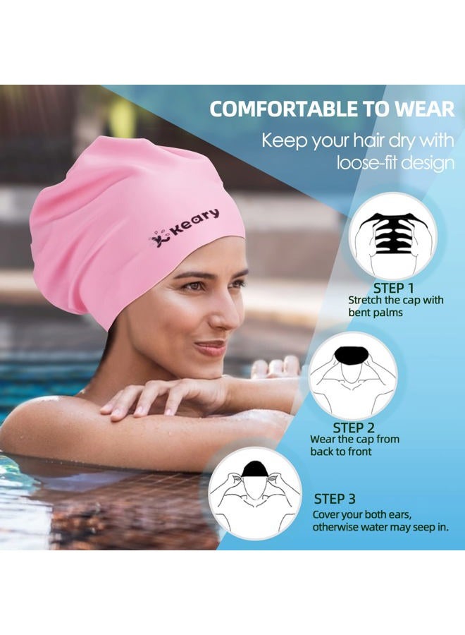 Keary Extra Large Swim Cap for Braids and Dreadlocks Afro Hair Extensions Weave Long Hair, Waterproof Silicone Cover Ear Bath Pool Shower Swimming Cap for Women Men Youth Kids Girl , Pink, One size - Image 5