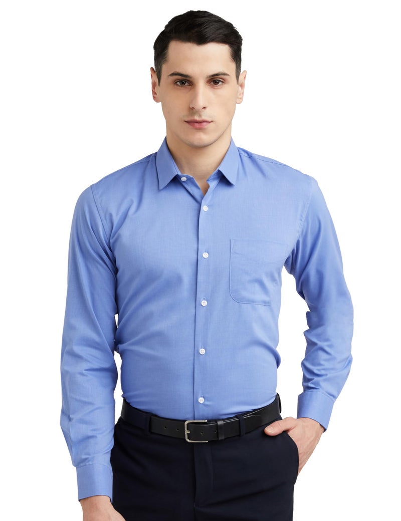 Peter England Men's Everday Regular Fit Solid Shirt | Cotton Rich | 5-Pin Pocketing Medium Blue - Image 1