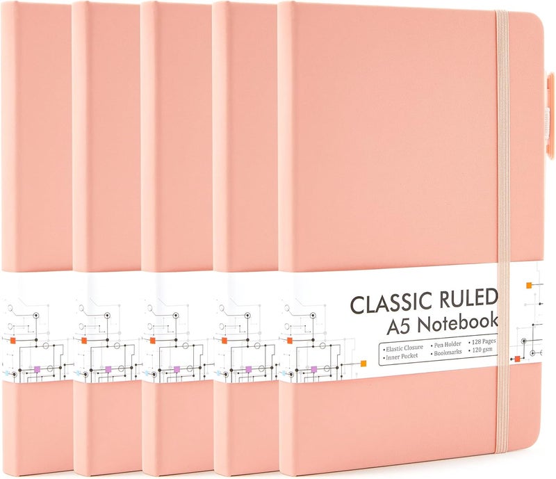 Feela 5 Pack Notebooks Journals Bulk, Hardcover Classic Ruled Lined Journals with Pen Holder for Women Girls School Business Supplies, with 5 Black Pens, 120 GSM, 5.1”x8.3”, A5, Light Coral - Image 1
