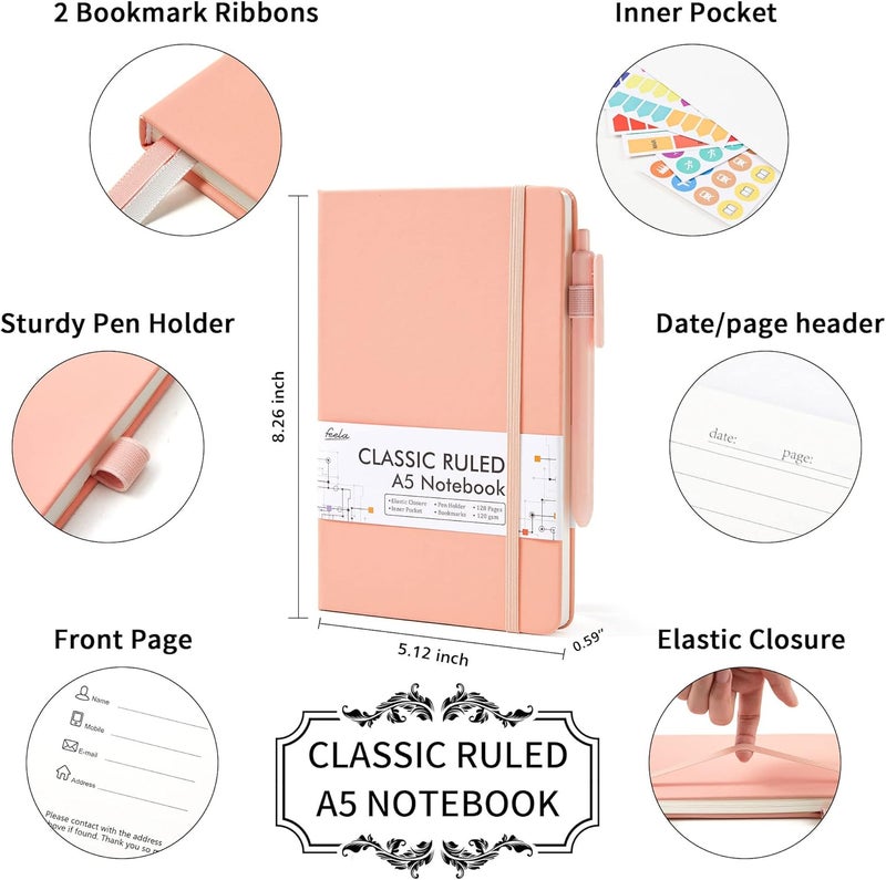 Feela 5 Pack Notebooks Journals Bulk, Hardcover Classic Ruled Lined Journals with Pen Holder for Women Girls School Business Supplies, with 5 Black Pens, 120 GSM, 5.1”x8.3”, A5, Light Coral - Image 2