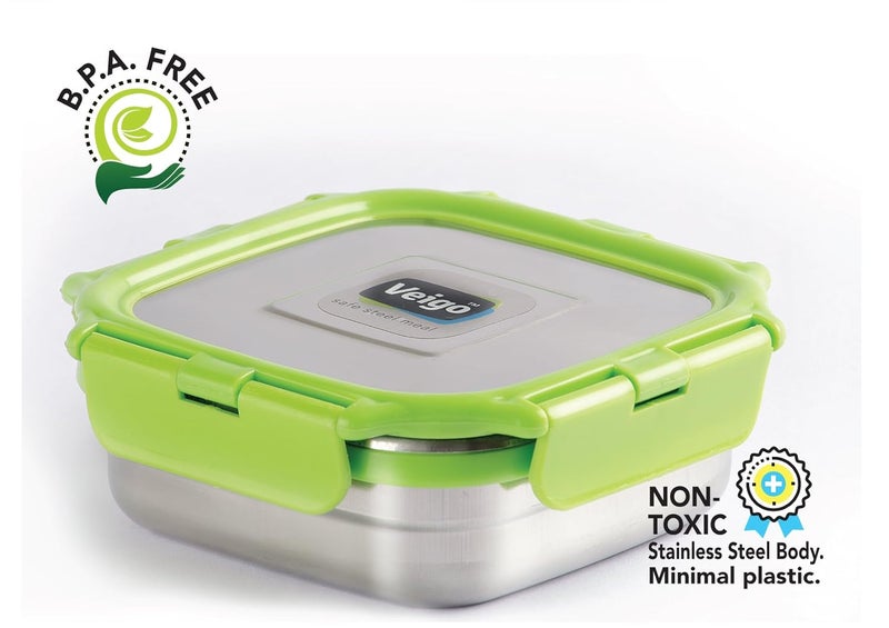 Veigo Veigo Original Stainless Steel Medium Snack Box (330 ml)| Airtight & Leakproof| Freezer & Dishwasher Safe| Snacks Box for School|Silicone Ring & Polymer Frame| Safe Lid Lock| Green  - Image 3
