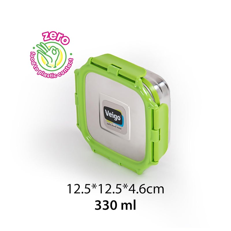 Veigo Veigo Original Stainless Steel Medium Snack Box (330 ml)| Airtight & Leakproof| Freezer & Dishwasher Safe| Snacks Box for School|Silicone Ring & Polymer Frame| Safe Lid Lock| Green  - Image 4