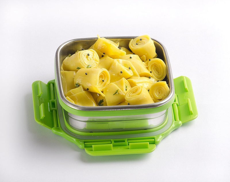 Veigo Veigo Original Stainless Steel Medium Snack Box (330 ml)| Airtight & Leakproof| Freezer & Dishwasher Safe| Snacks Box for School|Silicone Ring & Polymer Frame| Safe Lid Lock| Green  - Image 5