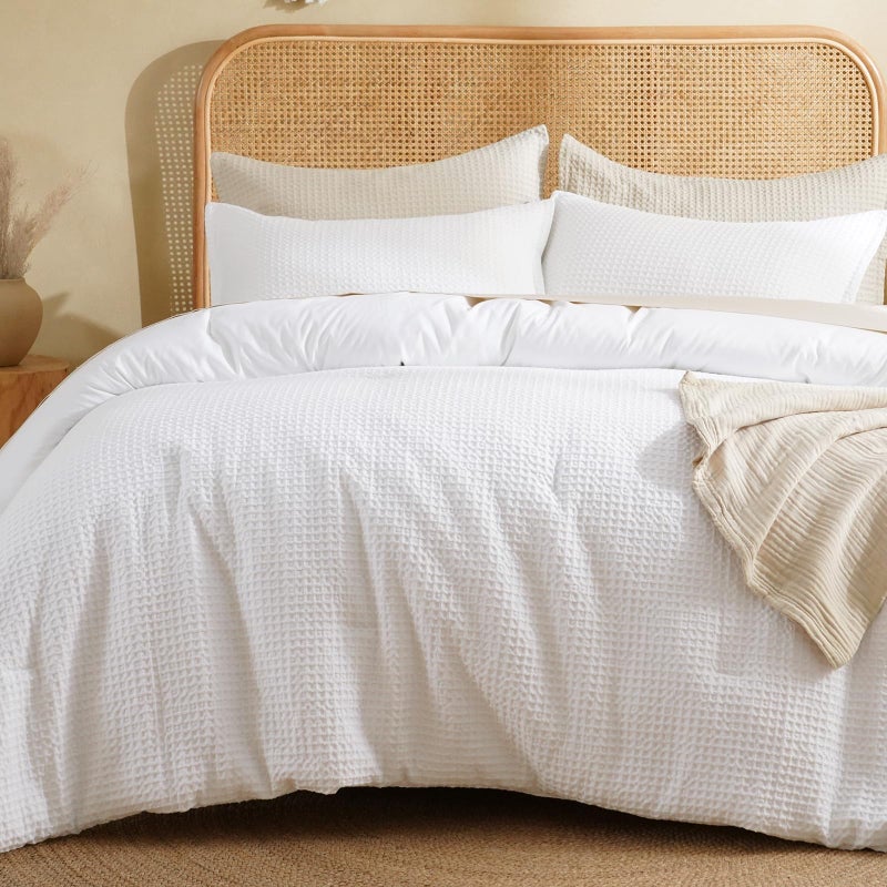 David's Home Waffle Weave Comforter Set 3PCS Queen Size, Soft Breathable Lightweight Cozy Skin-Friendly Warm for All Season, Elegant Aesthetic Home Decor Bedding Set with Pillow Shams, White - Image 1